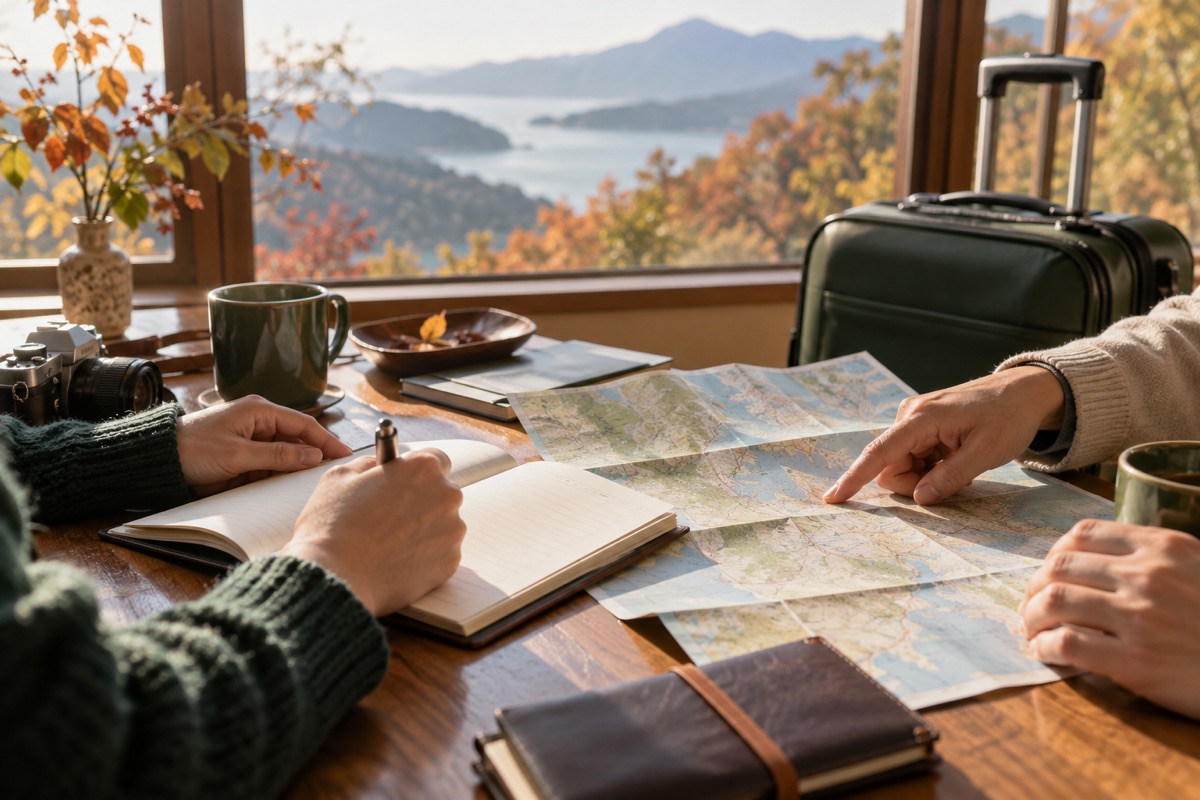秋の旅行計画をノートと地図で確認する様子のAI生成イメージ。描かれた地図は実際の案内図ではありません。