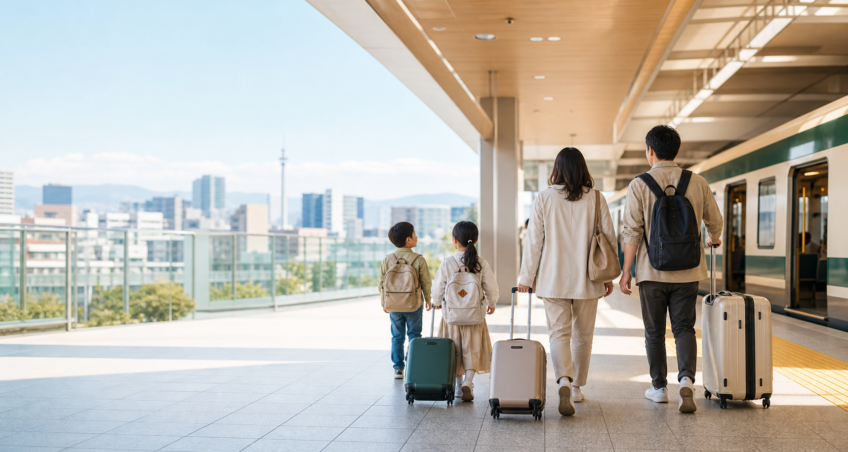 福岡空港から公共交通へ向かう子ども連れ家族のAI生成イメージ。実在する空港や駅の写真ではありません。