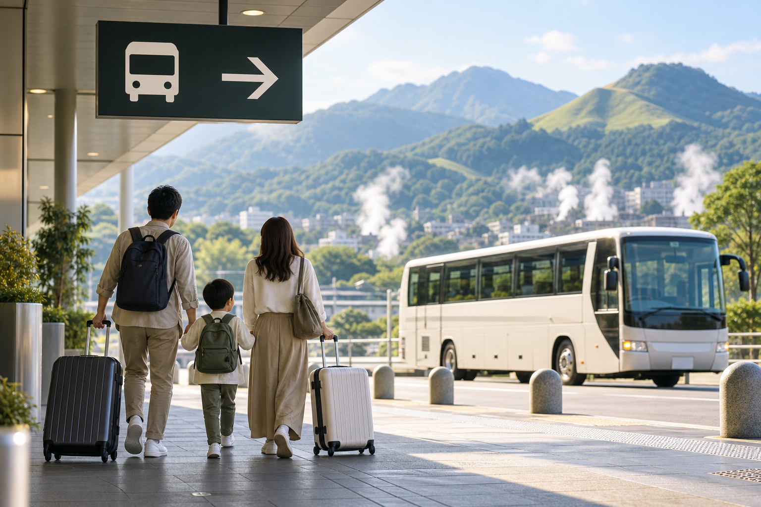 AI-generated concept of a family continuing from a regional airport to Ureshino Onsen