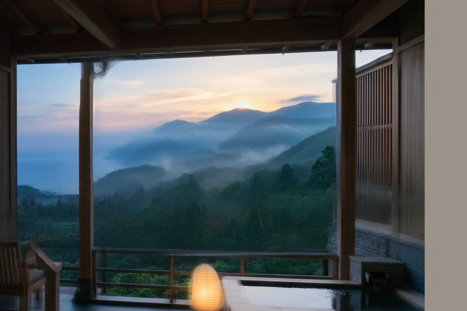 山並みを望む架空の温泉宿のテラス(AI生成イメージ)