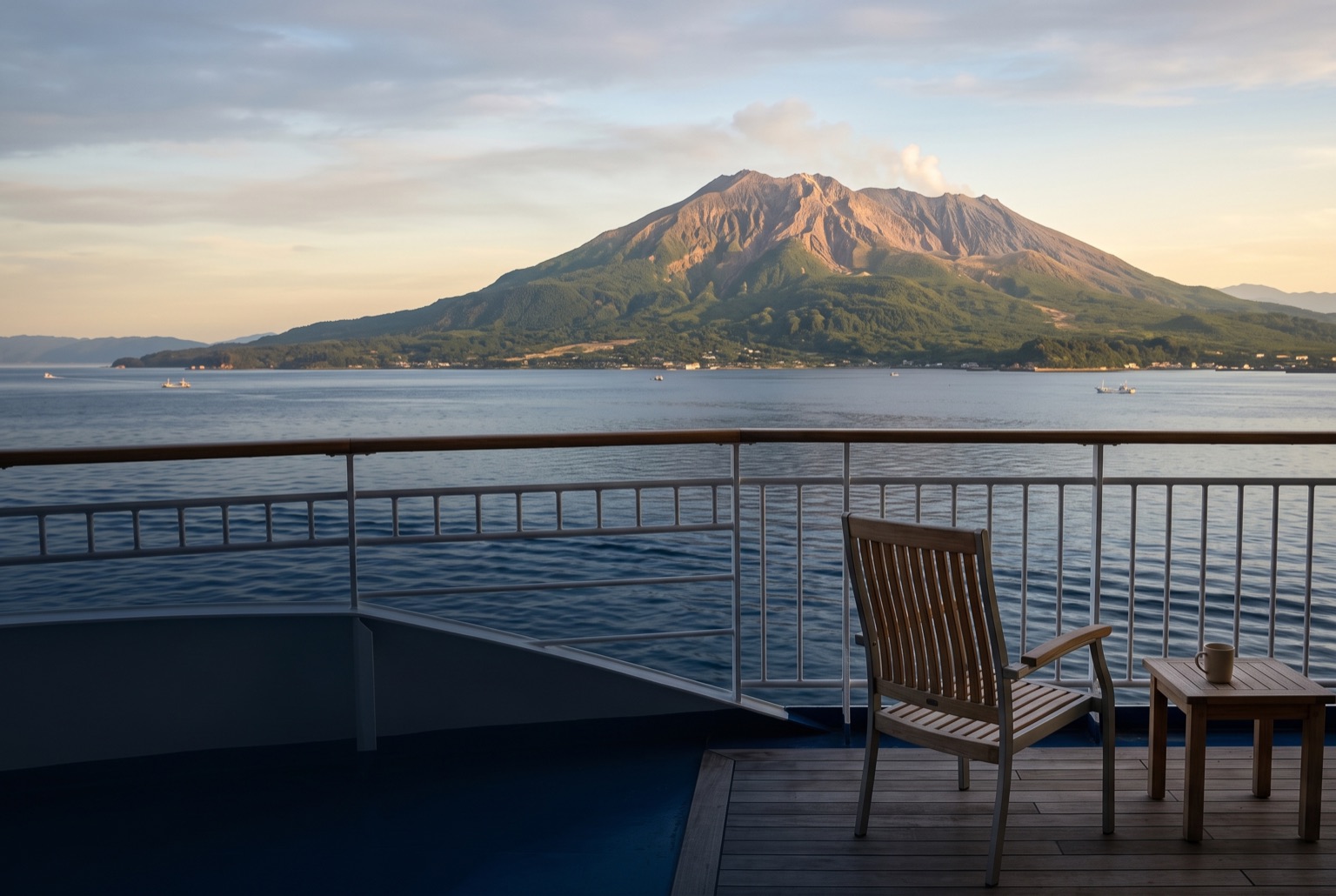 桜島とフェリーをテーマにしたAI生成旅行イメージ